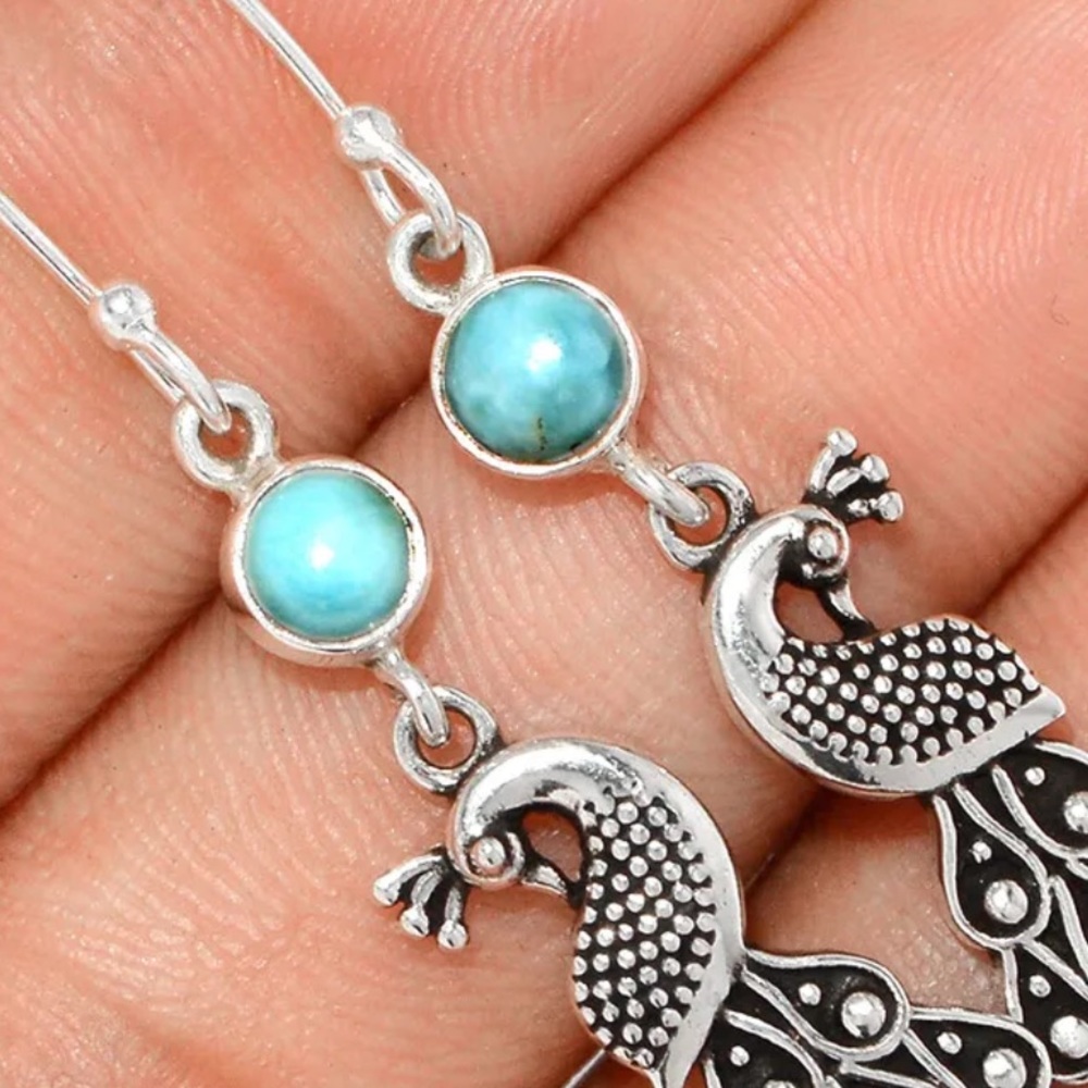 Herkimer diamond or Larimar silver peacock earrings - Picture 4 of 4